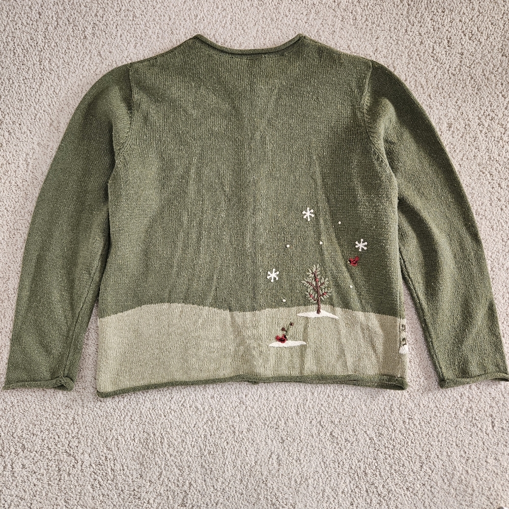 Christmas Holiday Cardigan Green Needlepoint Winter Festive Zip Womens L - Picture 8 of 9